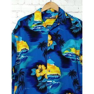 Box Office Island Men's Aloha Blue Hawaiian Shirt Size L Surfer Excellent Cond